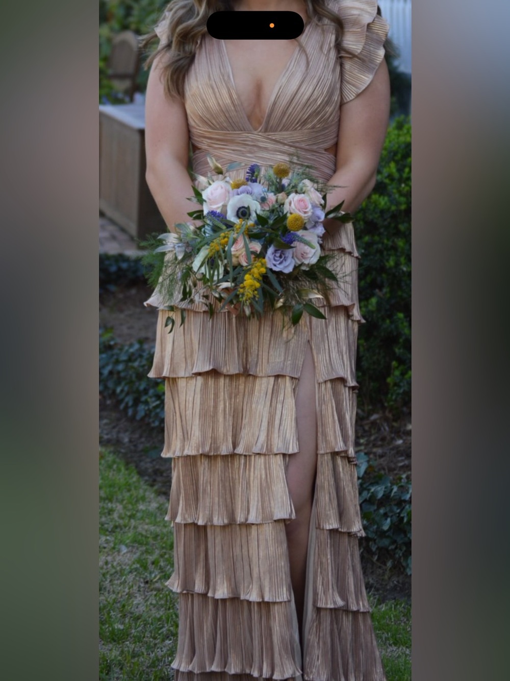 Pleated Tiered Metallic Gold Evening Dress - V-Neck